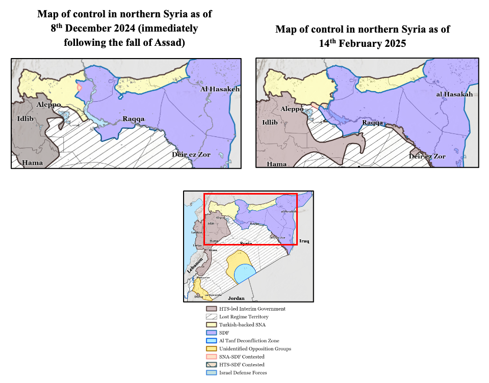 Карта боев на северо-востоке Сирии в январе-феврале 2025 года. Синим выделена территория Рожавы, желтым — зона турецкой оккупации, черным — контроль нового правительства Сирии